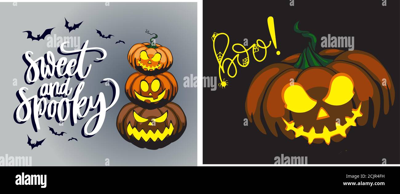 Citrouille d'Halloween avec visages effrayants drôles différentes formes et couleurs Illustration de Vecteur