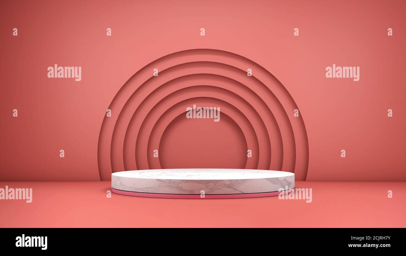 Rendu 3D d'un élégant podium texturé en marbre sur un arrière-plan rouge pour l'affichage du produit Banque D'Images