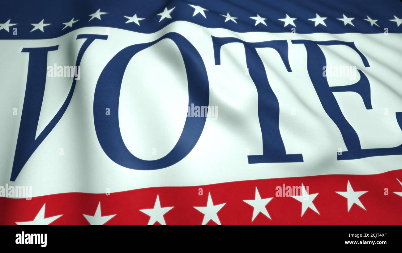 Signe de vote, campagne présidentielle, drapeau agitant avec les couleurs des Etats-Unis, étoiles et rayures, élection 2020 aux Etats-Unis, illustration 3d Banque D'Images