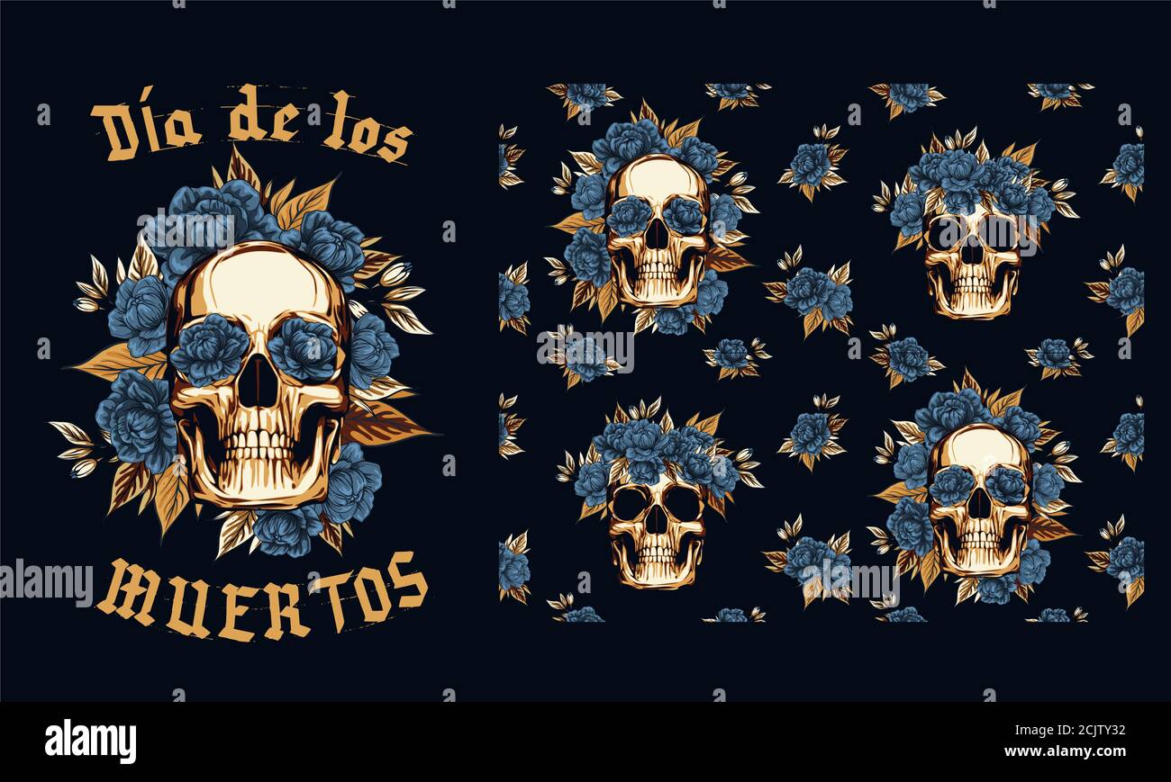 Crâne métallique avec couronne florale de roses d'or, illustration vectorielle du jour de la mort Dia de Muertos en espagnol langue pour la célébration affiche concept Illustration de Vecteur