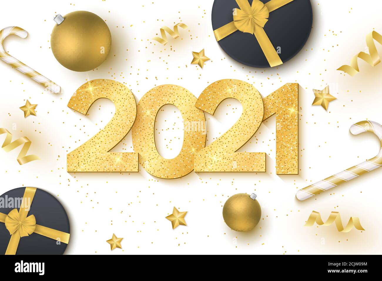 Golden 3D chiffres luxueux avec paillettes, sucettes, serpentine, balles de fête et étoiles sur fond blanc pour le nouvel an 2021. Boîte cadeau. Saluez Illustration de Vecteur