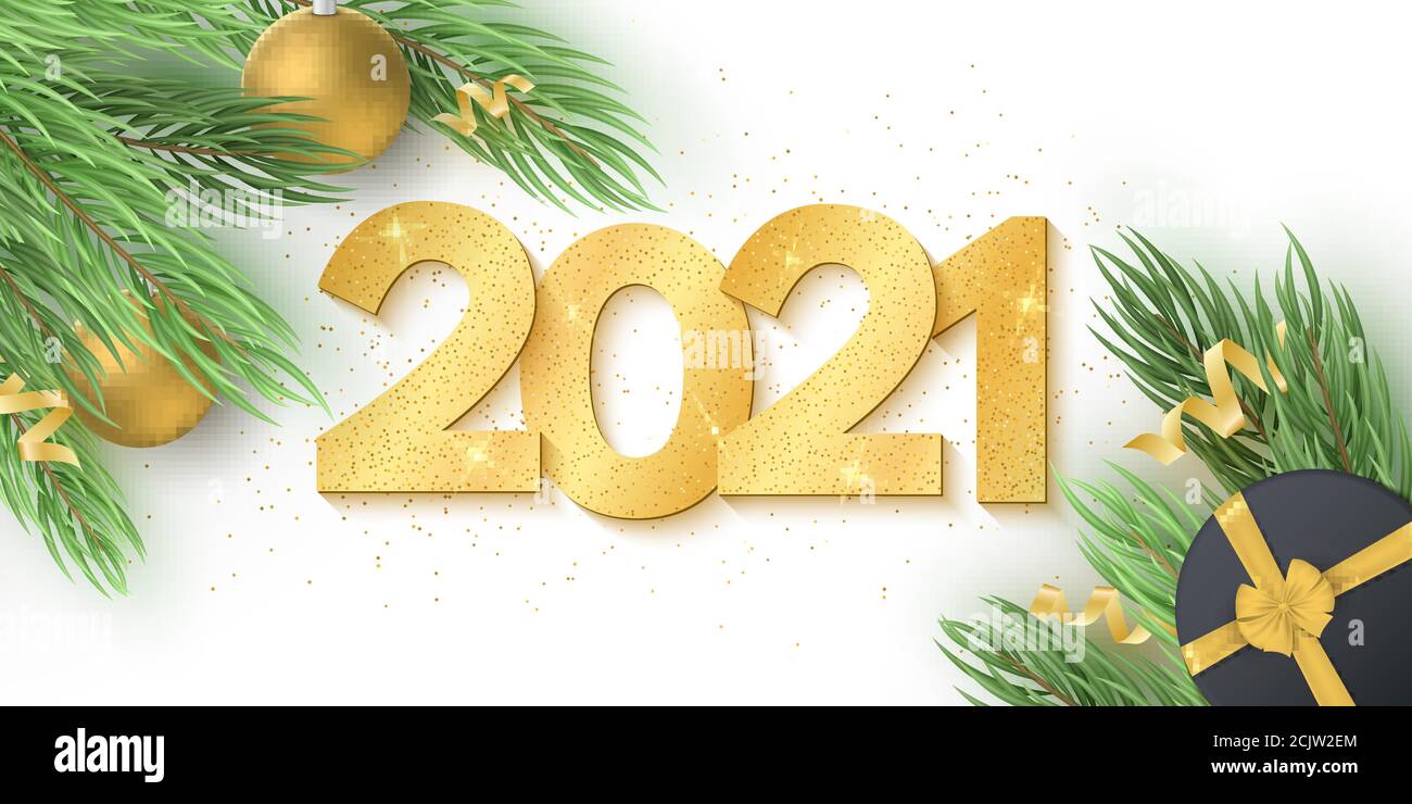 Sapin de Noël, boules et étoiles. Chiffres luxueux en 3d doré avec paillettes sur fond blanc pour le nouvel an 2021. Boîte cadeau. Message d'accueil ca Illustration de Vecteur