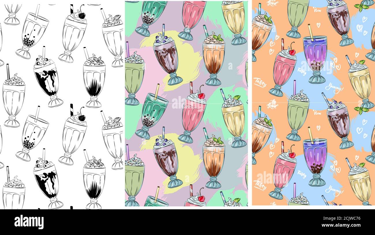 modèle sans couture de milk-shakes savoureux doux, crème fouettée et garniture, publicité de thé moussant avec tapioca savoureux et perles de menu modèle graphique Illustration de Vecteur