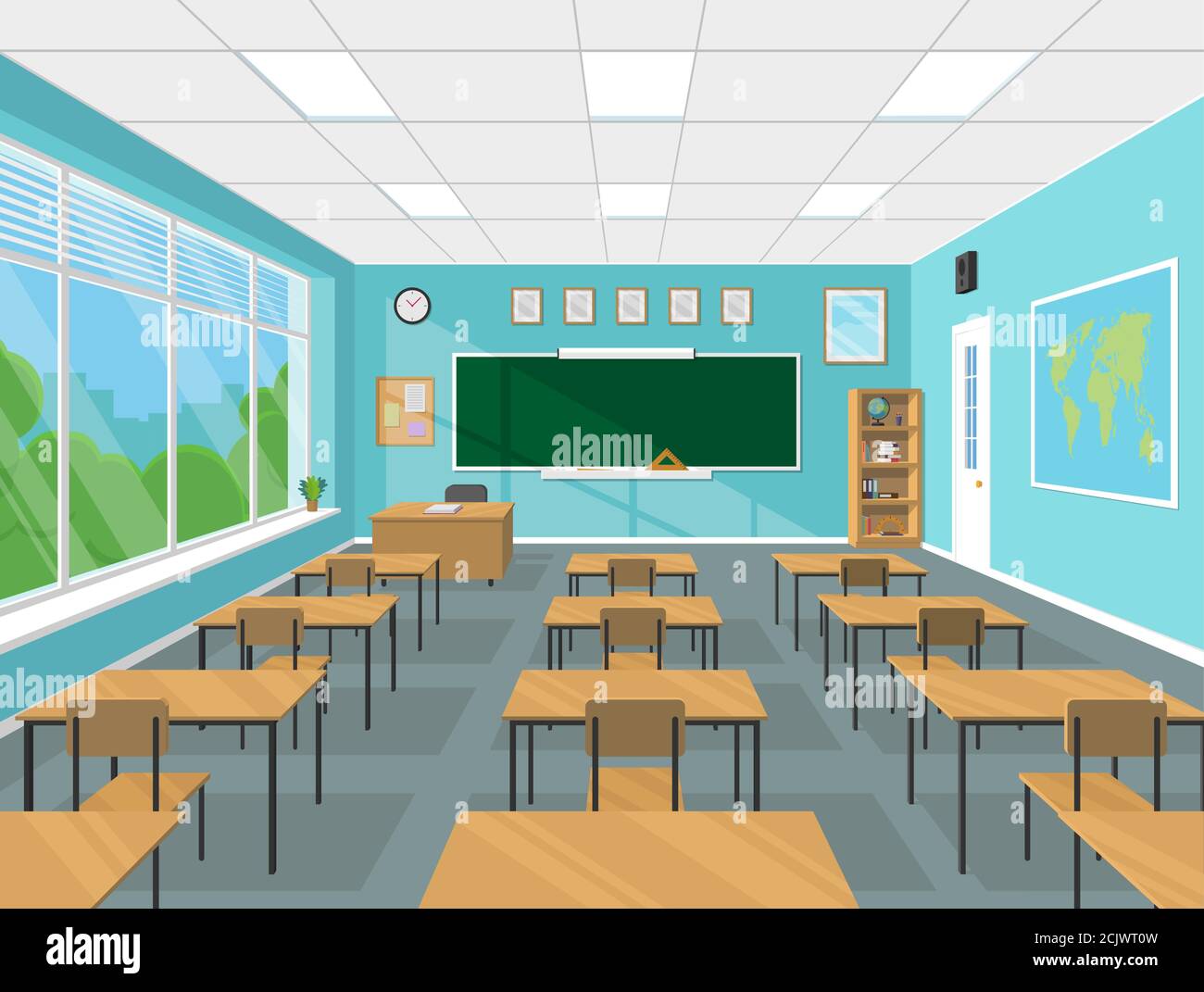 Salle de classe intérieur d'une école ou d'un collège avec tableau noir, table d'enseignant, bureaux, fournitures scolaires. Illustration vectorielle plate Illustration de Vecteur