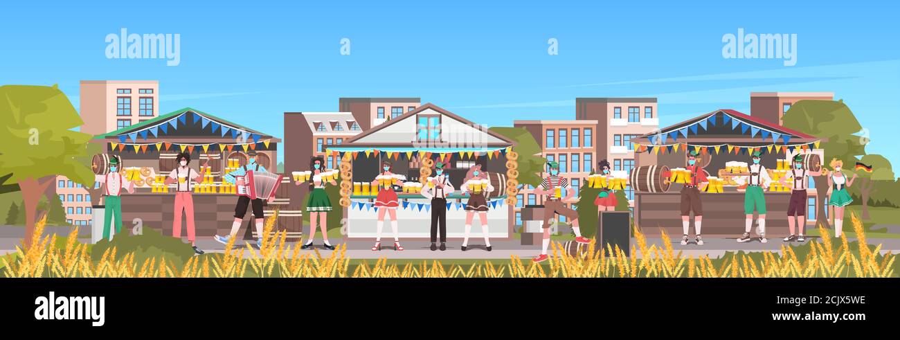 les gens dans les masques boire de la bière fête de l'octoberfest fête fête en plein air festival de plein air paysage urbain fond pleine longueur horizontal illustration vectorielle Illustration de Vecteur