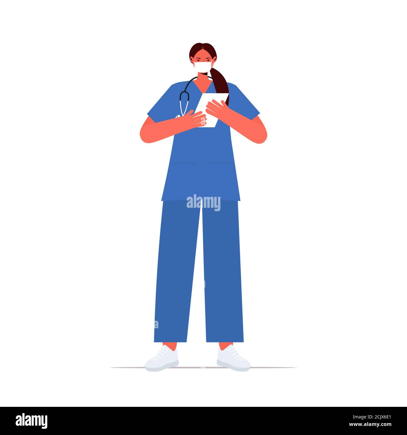 femme médecin portant un masque uniforme pour prévenir une pandémie de coronavirus illustration vectorielle isolée pleine longueur du concept de célébration de la fête du travail Illustration de Vecteur