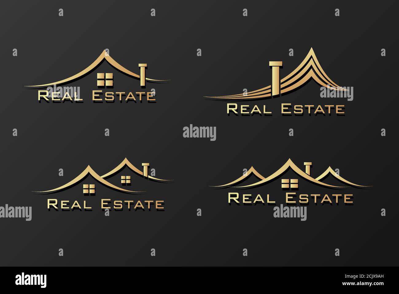 Immobilier Construction, Bâtiment couleur dorée logo Vector Design sur fond noir pour votre icône d'entreprise. Illustration de Vecteur