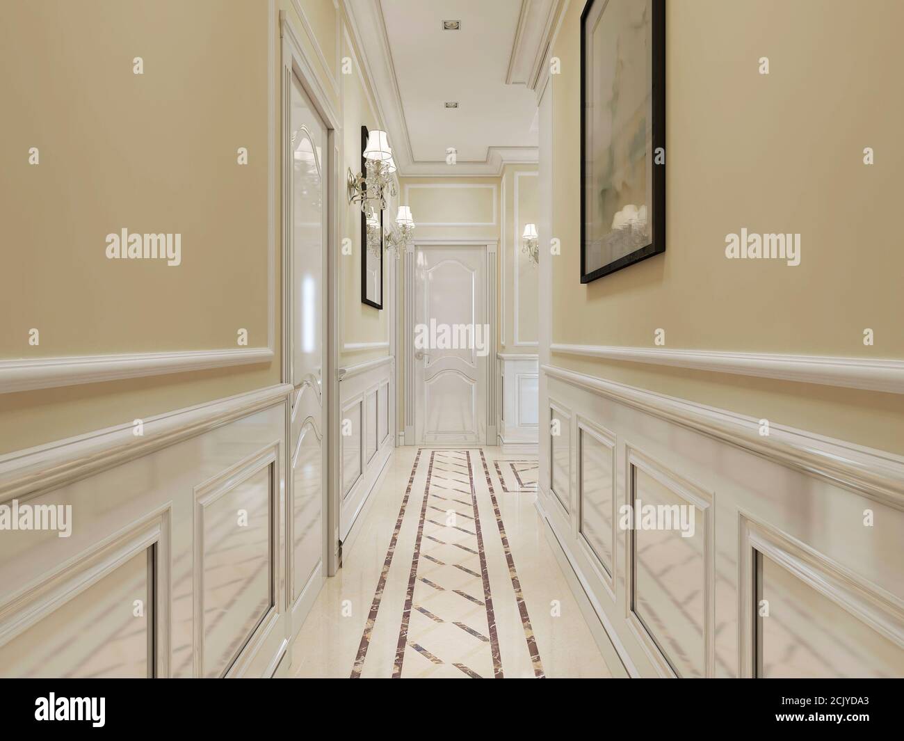 Couloir de style classique avec lambris en bois blanc sur les murs. Blanc, beige et jaune. Rendu 3D. Banque D'Images