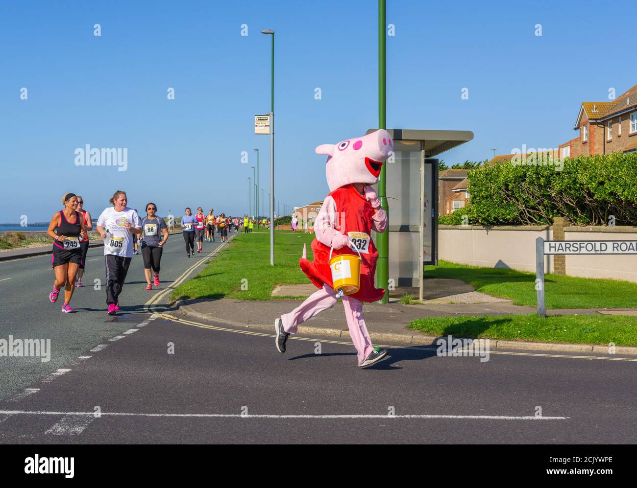 Runner vêtu d'un costume Peppa Pig à un marronnier Chambre 10K course de bienfaisance au Royaume-Uni. Banque D'Images