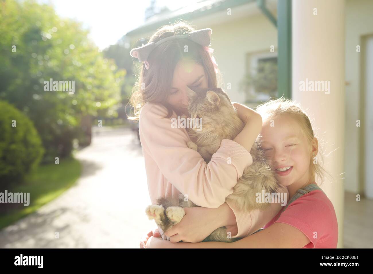 De jolies jeunes filles avec leur chat le jour ensoleillé de l'été. Des enfants adorables tenant leur animal de compagnie. Enfants et animaux. Banque D'Images