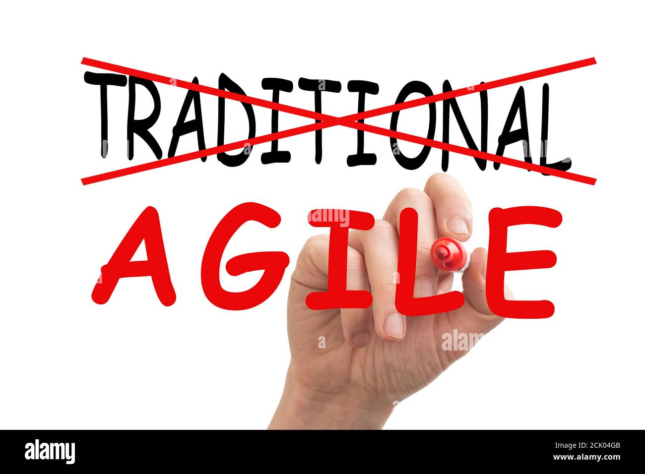 Main masculine effaçant le mot traditionnel et le remplaçant par Le mot Agile Banque D'Images