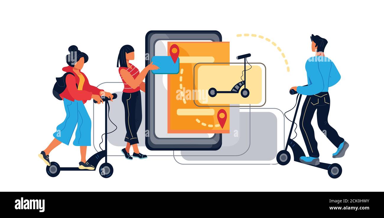 Location ou partage de scooter électrique avec des personnes. Illustration de Vecteur