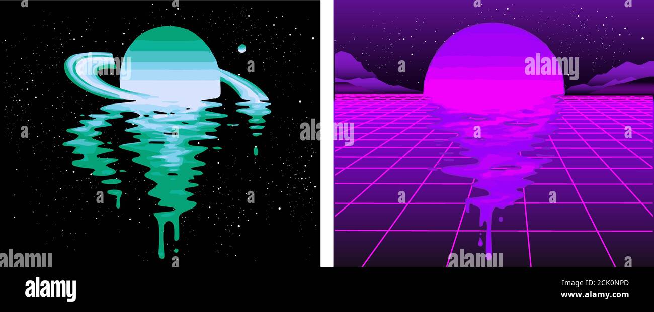 Espace de vagues rétro des années 80, arrière-plan de style futuriste rétro des années 80, paysage numérique dans le monde cybernétique. À utiliser comme couverture pour un album de musique. Convient pour Illustration de Vecteur