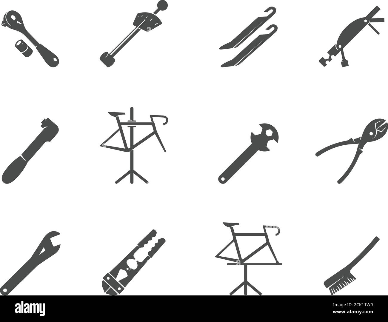 Icônes des outils de vélo en noir et blanc. Équipements de réparation de bicyclettes Vector. Illustration de Vecteur