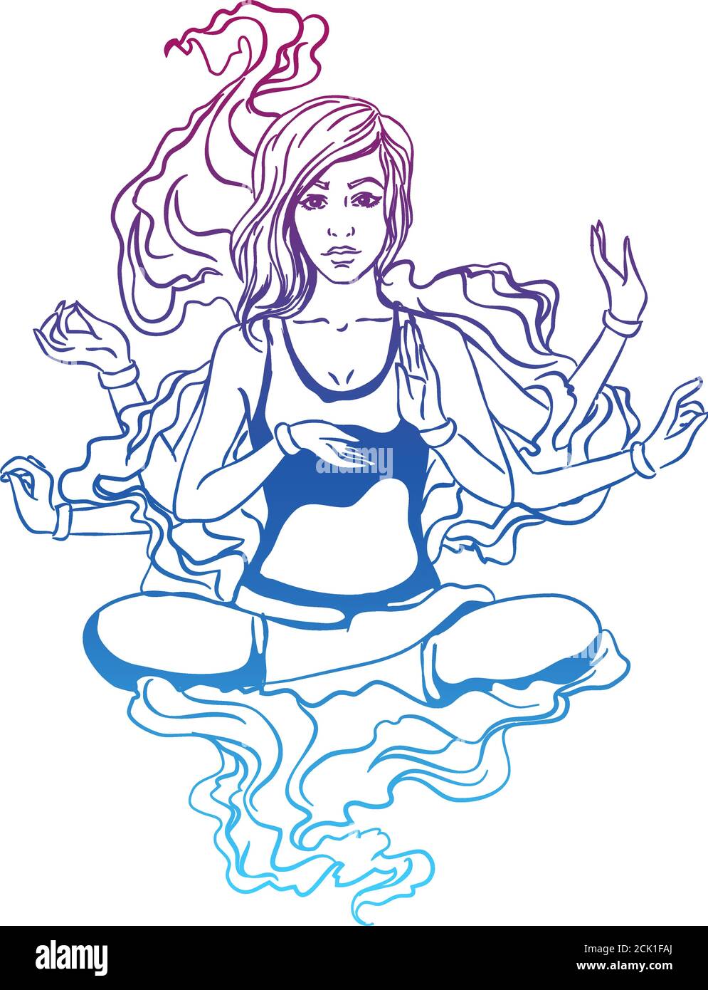 Illustration vectorielle d'une jeune fille de yoga dans une posture de lotus. La fille est engagée dans le yoga, atteint l'illumination. Déesse à quatre armes, entrée à la catharsis. Illustration de Vecteur