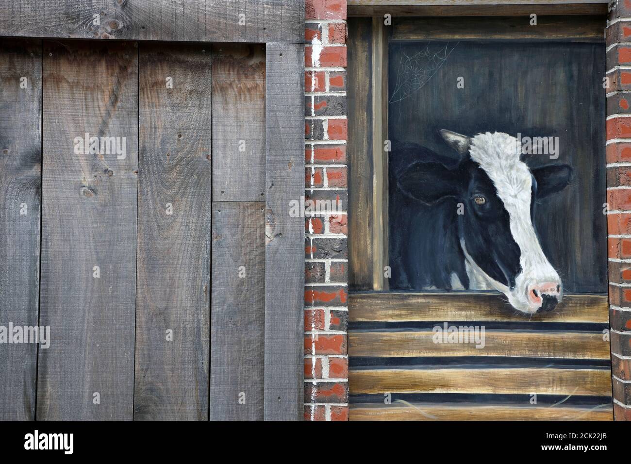 Une peinture de vache à lait a décoré un mur de magasin à côté de Une porte en bois.Londonderry.Vermont.USA Banque D'Images
