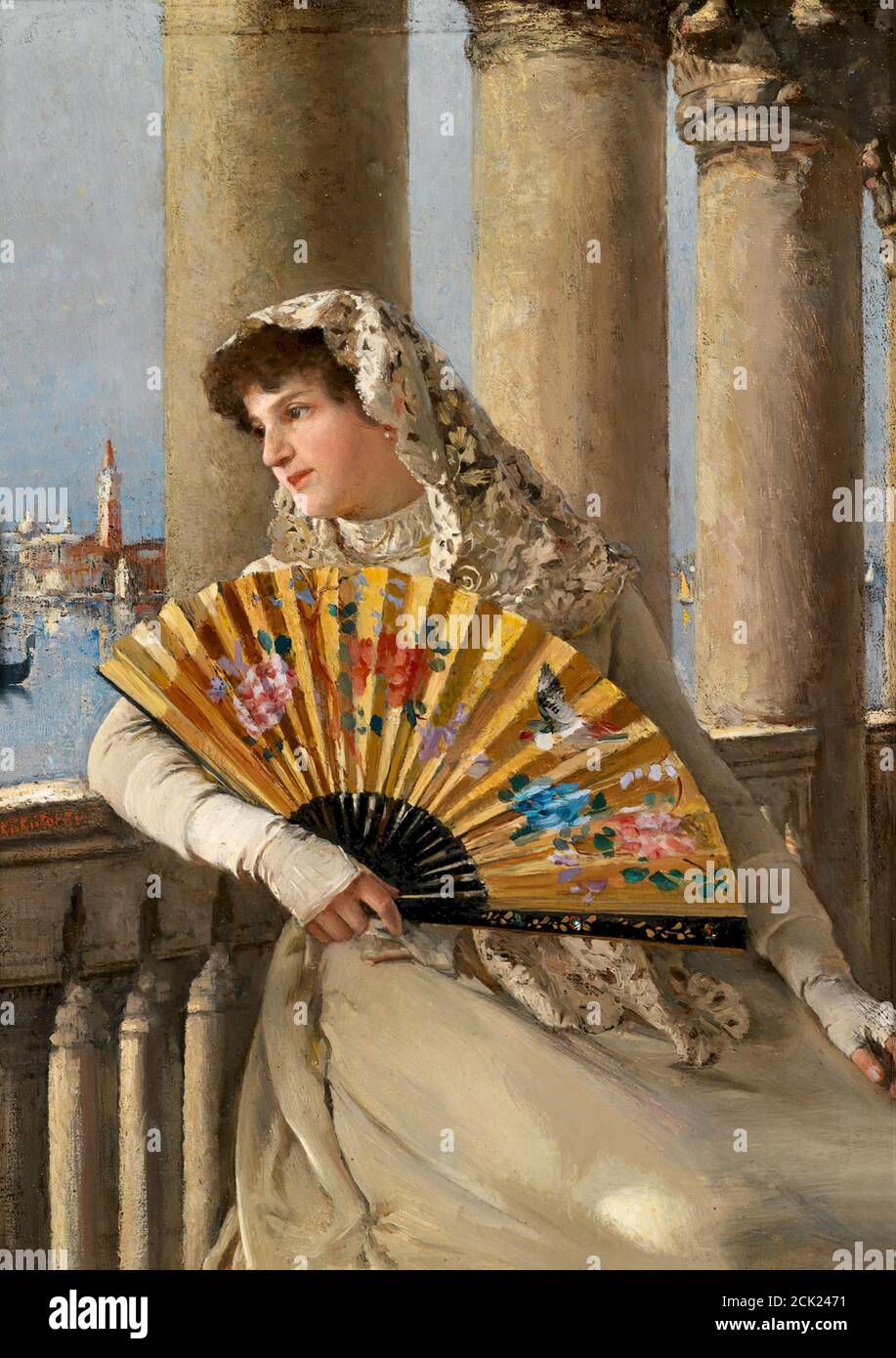 Skutezky Döme - femme vénitienne avec ventilateur jaune - Hongrois École - 19e siècle Banque D'Images
