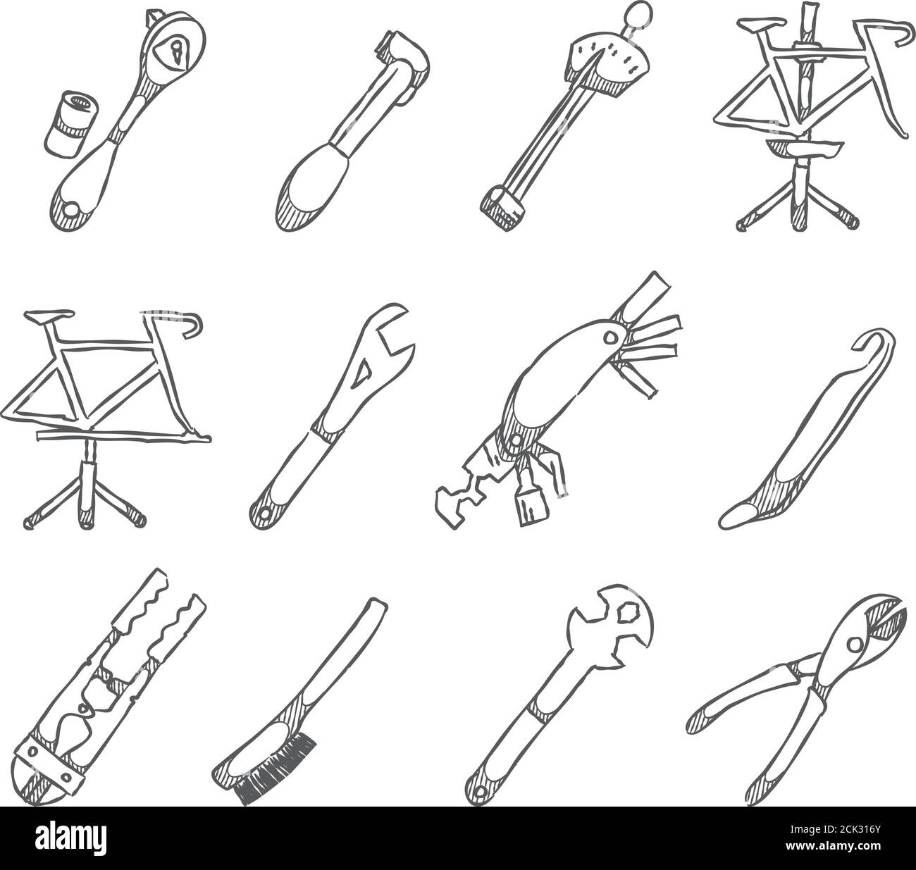 Icônes des outils de vélo en style esquisse. Boodle vectoriel tiré à la main d'équipements de réparation de bicyclettes. Illustration de Vecteur