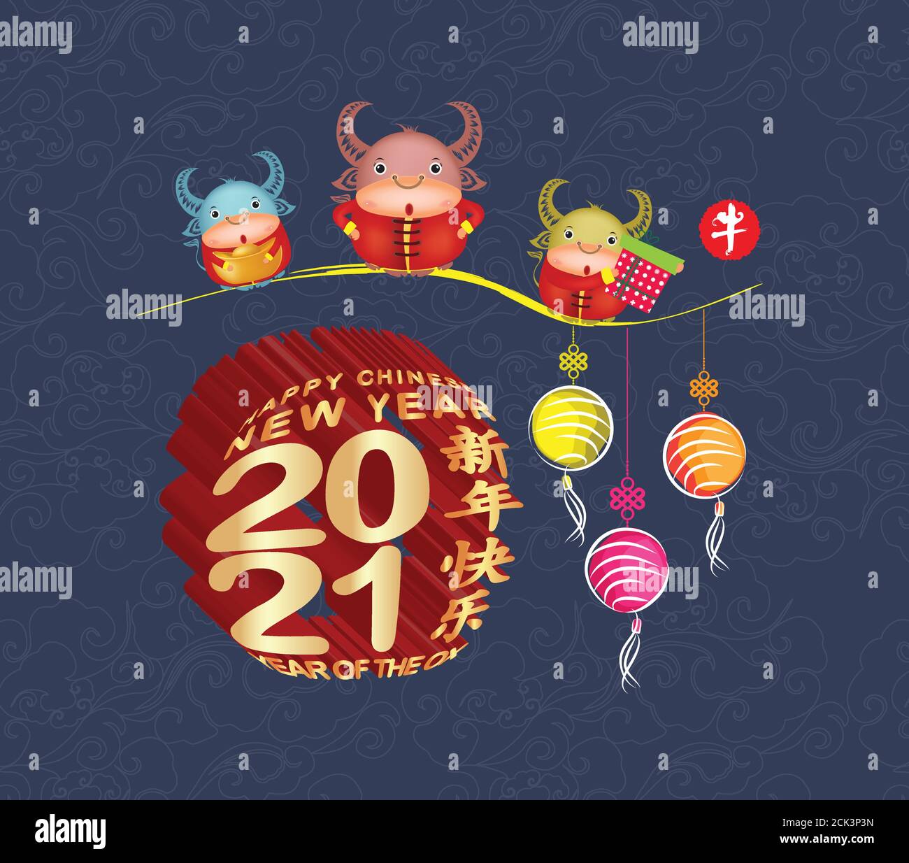 Carte de vœux du nouvel an 2021. Nouvel an chinois de l'Ox (traduction chinoise Happy Chinese New Year, Year of Ox) Illustration de Vecteur
