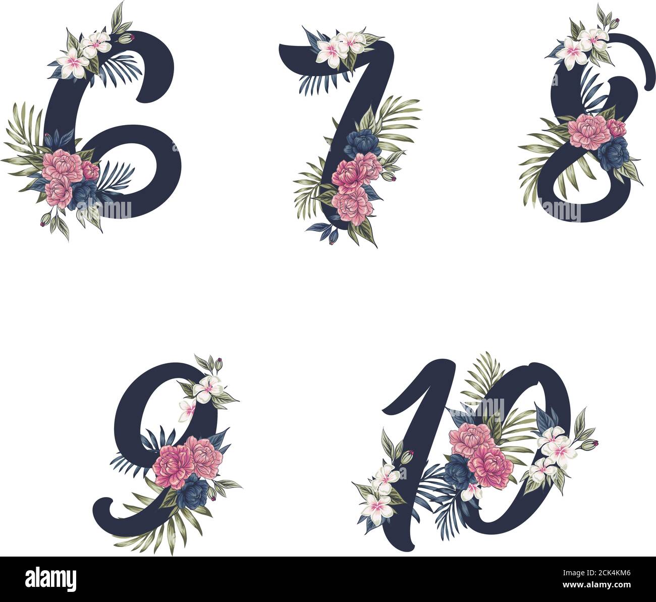 Chiffres fleuris. Nombre élégant de fleurs, date des branches florales et monogramme numérique. Feuille filigrane caractère des nombres ornementaux. Illustrateur de vecteur Illustration de Vecteur