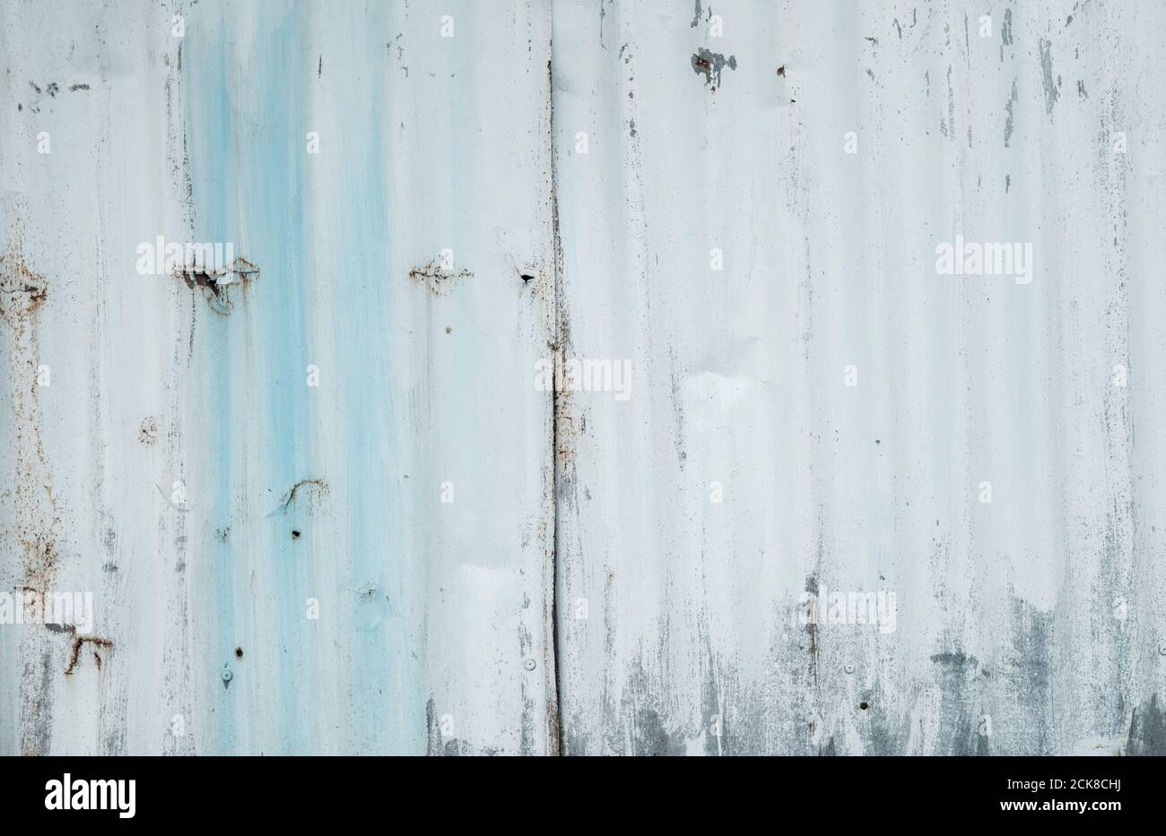 Feuille galvanisée peinte en blanc. Fond blanc de texture de paroi vide. Peinture écaillée sur le mur blanc. Feuille galvanisée grise déformée à rayures. Banque D'Images
