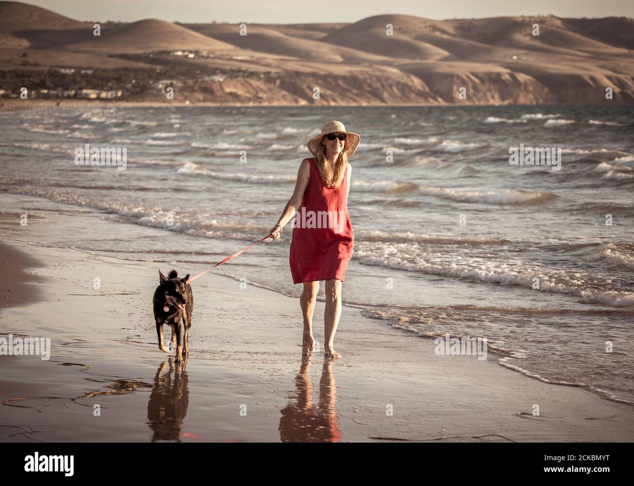 Belle femme mûre et chien d'animal de compagnie hors laisse marchant le long de la mer sur la plage vide éloignée. Compagnie avantages des animaux gardant actif Retir Banque D'Images