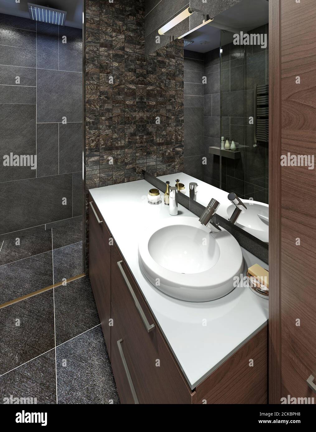 Lavabo dans la salle de bains moderne blanche. Le lavabo en forme de tasse.  Batteur moderne. Rendu 3D Photo Stock - Alamy
