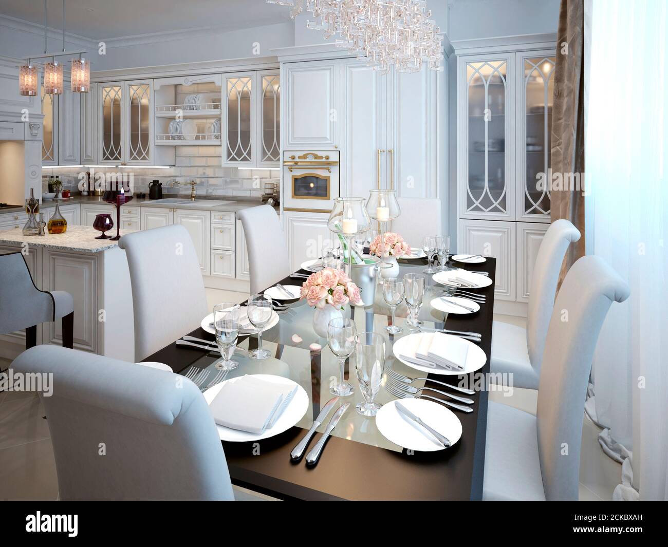 La salle à manger et la cuisine dans le style art déco. Avec la table  posée. Mobilier blanc et noir. Rendu 3D Photo Stock - Alamy