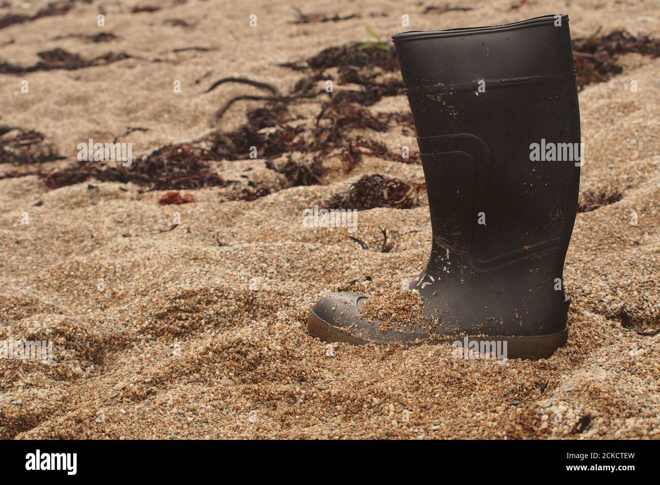 Une seule chaussure wellington noire perdue sur le sable de Saddell Bay, Kintyre, Écosse Banque D'Images