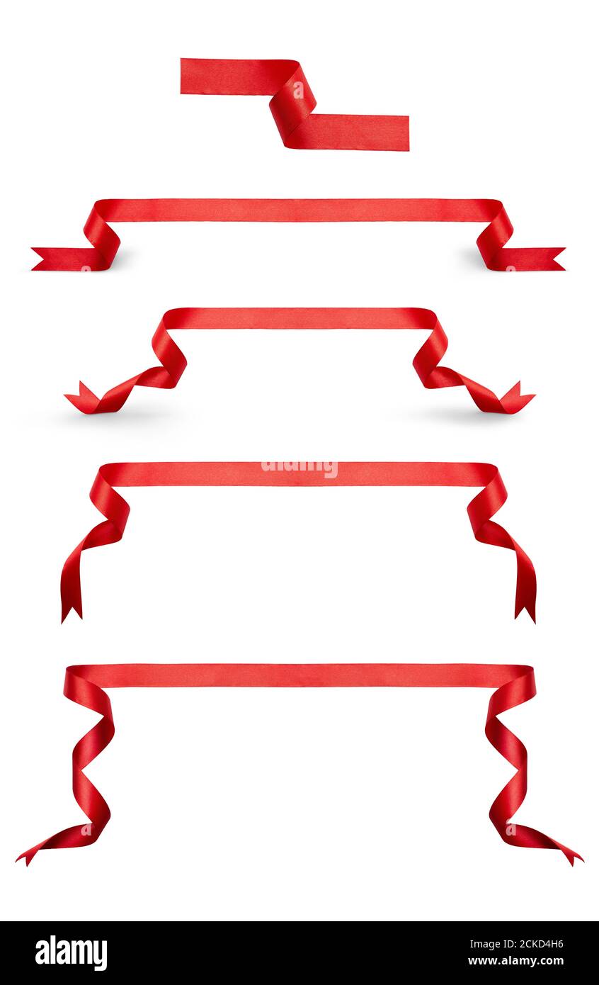 Une collection de ruban rouge curly Noël et anniversaire présente bannière ensemble isolé sur un fond blanc. Banque D'Images