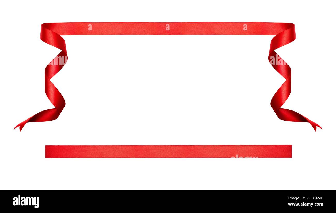 Un ruban rouge curly Noël et anniversaire présent bannière ensemble isolé sur un fond blanc. Banque D'Images