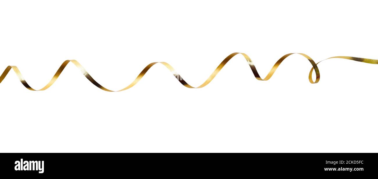 Un mince ruban d'or curly pour Noël et anniversaire présente bannière isolée sur un fond blanc. Banque D'Images