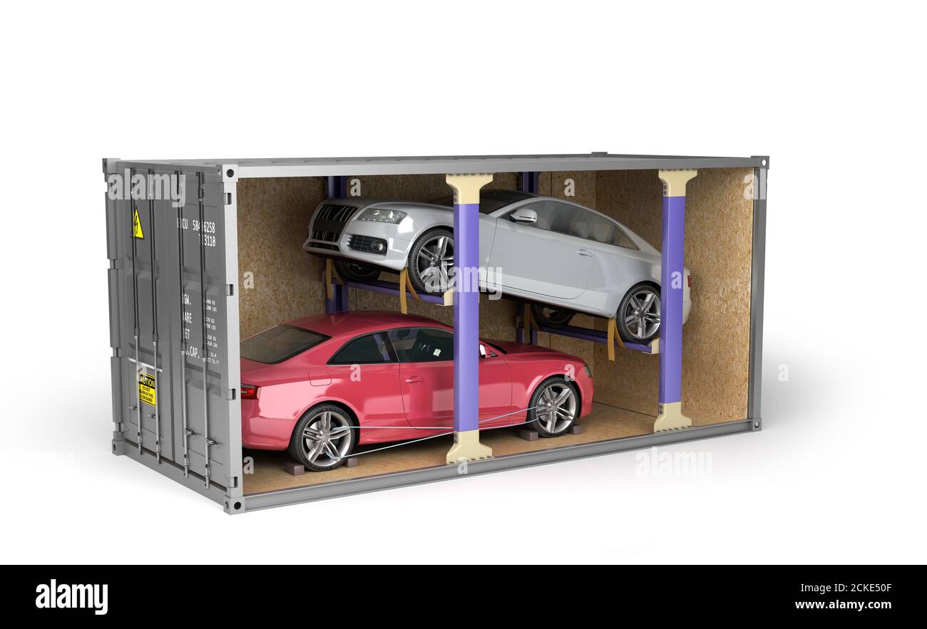 Livraison de voitures à partir de ventes aux enchères voitures chargées dans un transport maritime image de rendu 3d du conteneur Banque D'Images