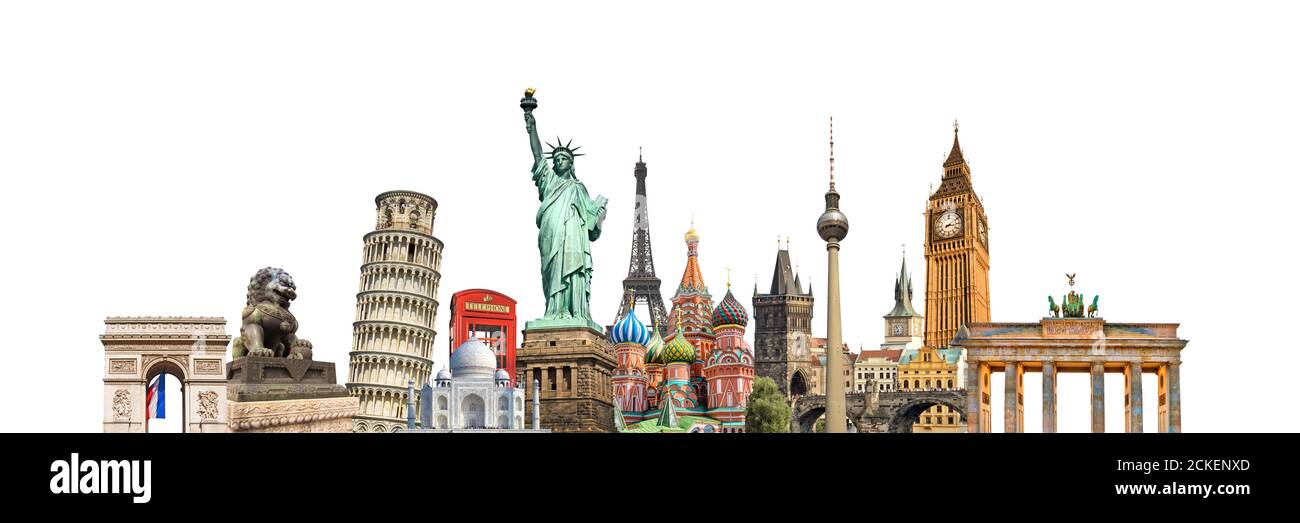 Monuments du monde et monuments célèbres collage isolé sur panoramique blanc arrière-plan Banque D'Images