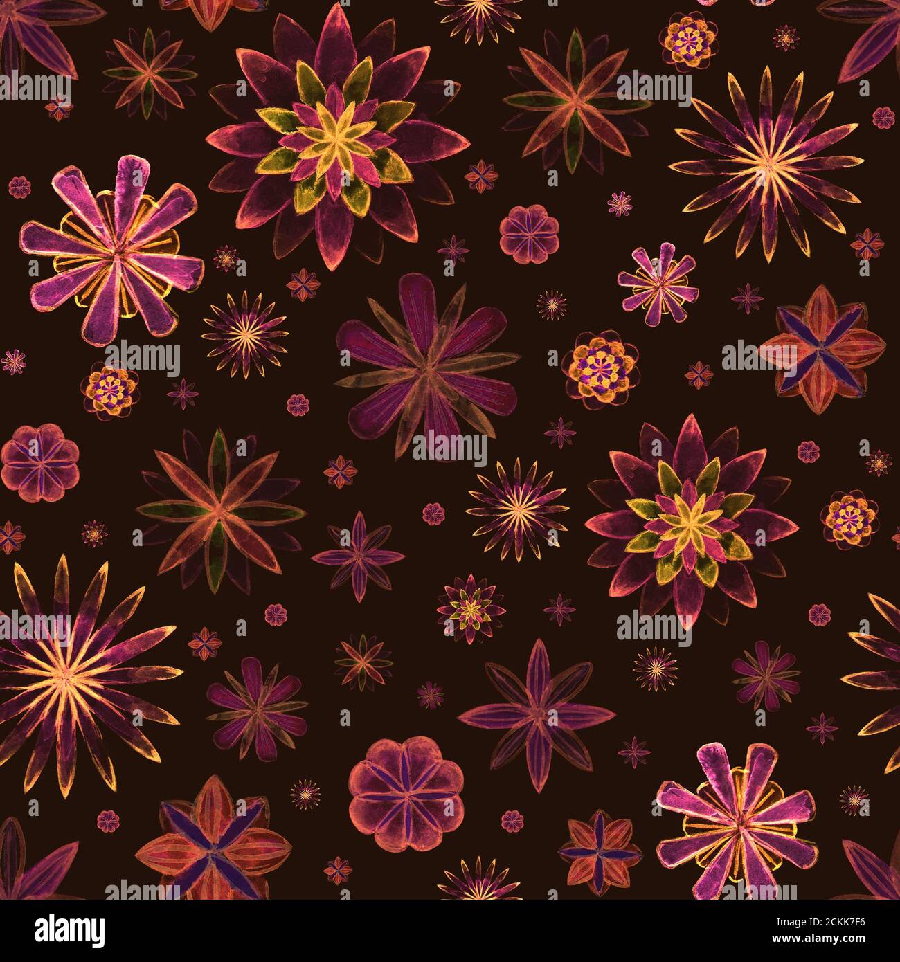Sans couture aquarelle romantique mandala fleurs abstraites coloré motif floral sur fond marron. Illustration aquarelle lumineuse. Style boho. Imprimer Banque D'Images