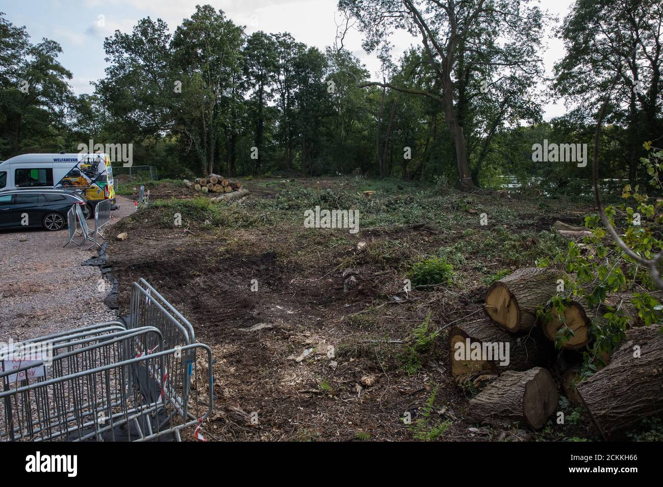 Denham Green, Royaume-Uni. 11 septembre 2020. Un site où l'abattage d'arbres est en cours pour la liaison ferroviaire à grande vitesse HS2. Des milliers d'arbres ont déjà été abattus pour le projet HS2 dans la vallée de Colne et l'abattage d'arbres a lieu actuellement à Denham Green, Denham et Harefield. Crédit : Mark Kerrison/Alamy Live News Banque D'Images