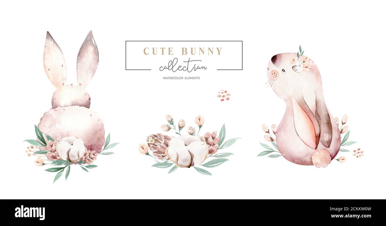 Aquarelle Happy Pâques bébé lapins motif fleur de printemps. Illustration enfant lapin isolé. Dessin main de Pâques dessin animé forêt lièvre Banque D'Images