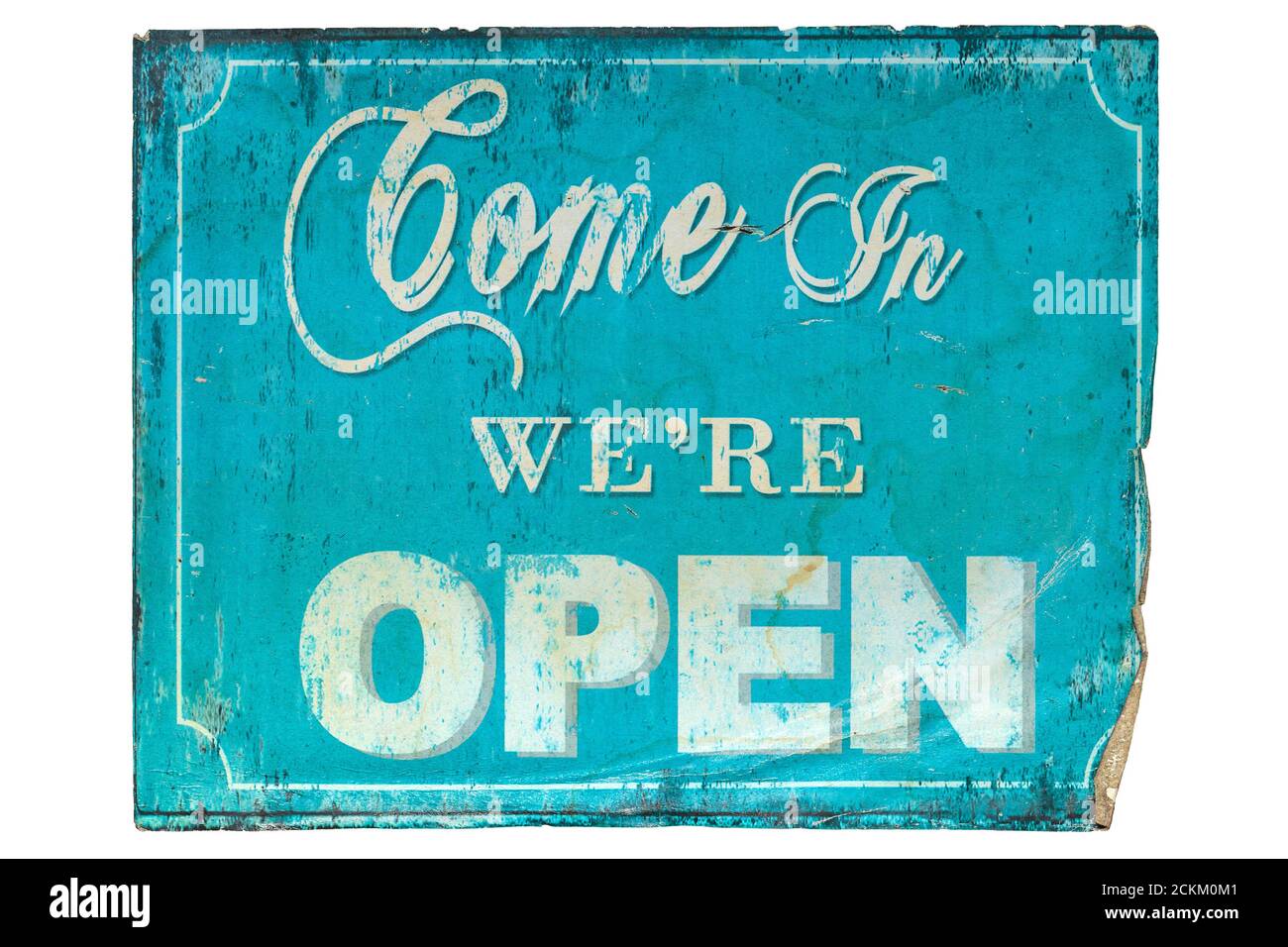 Rétro-électrique bleu venez nous sommes ouvert signe isolé sur un arrière-plan blanc Banque D'Images