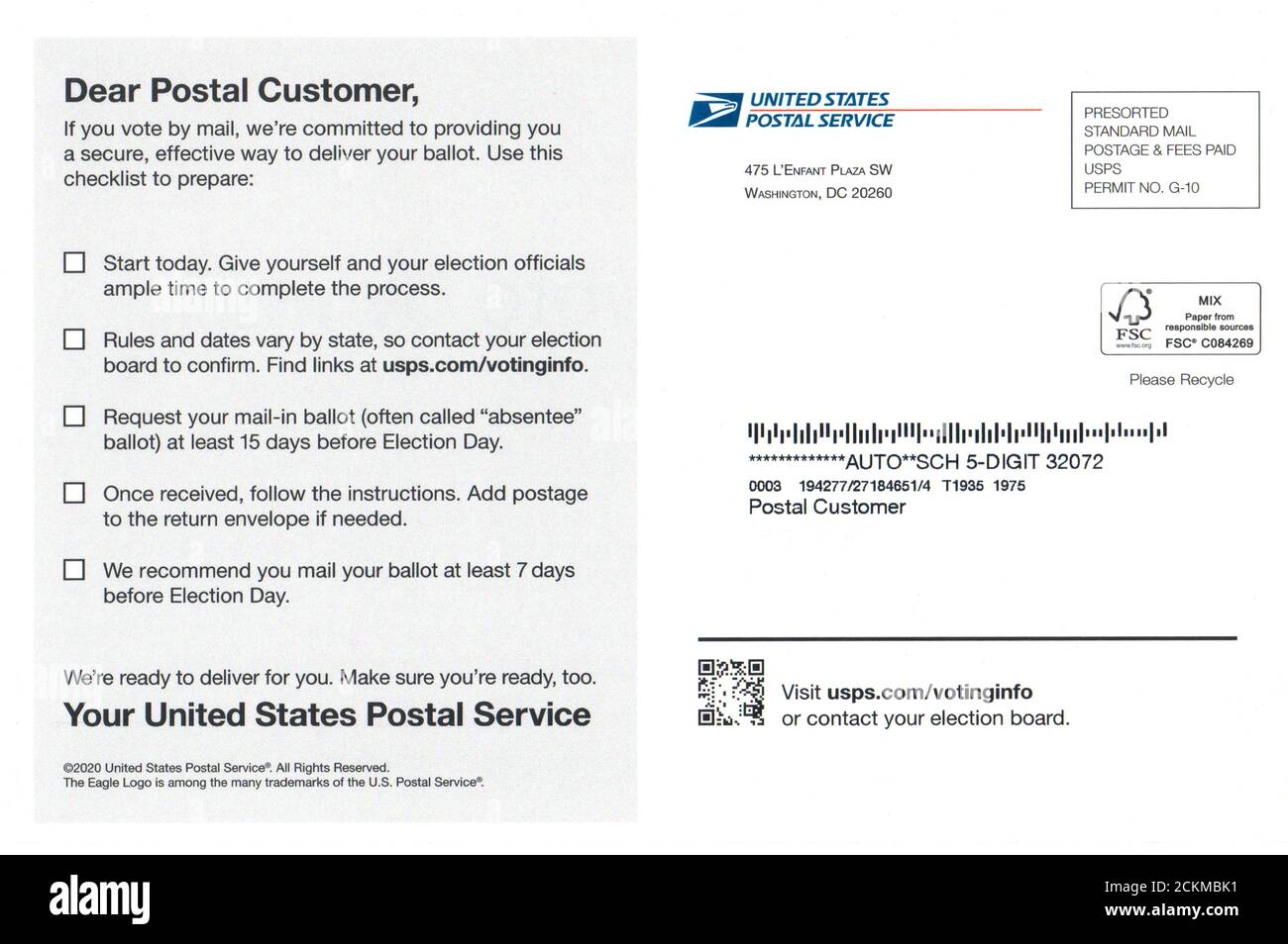 Carte d'information du service postal des États-Unis pour le courrier lors du vote lors des élections de 2020, y compris le vote présidentiel. Banque D'Images