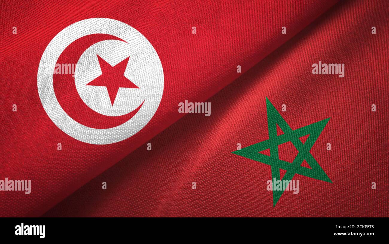 Tunisie et Maroc deux drapeaux tissu textile, texture textile Banque D'Images