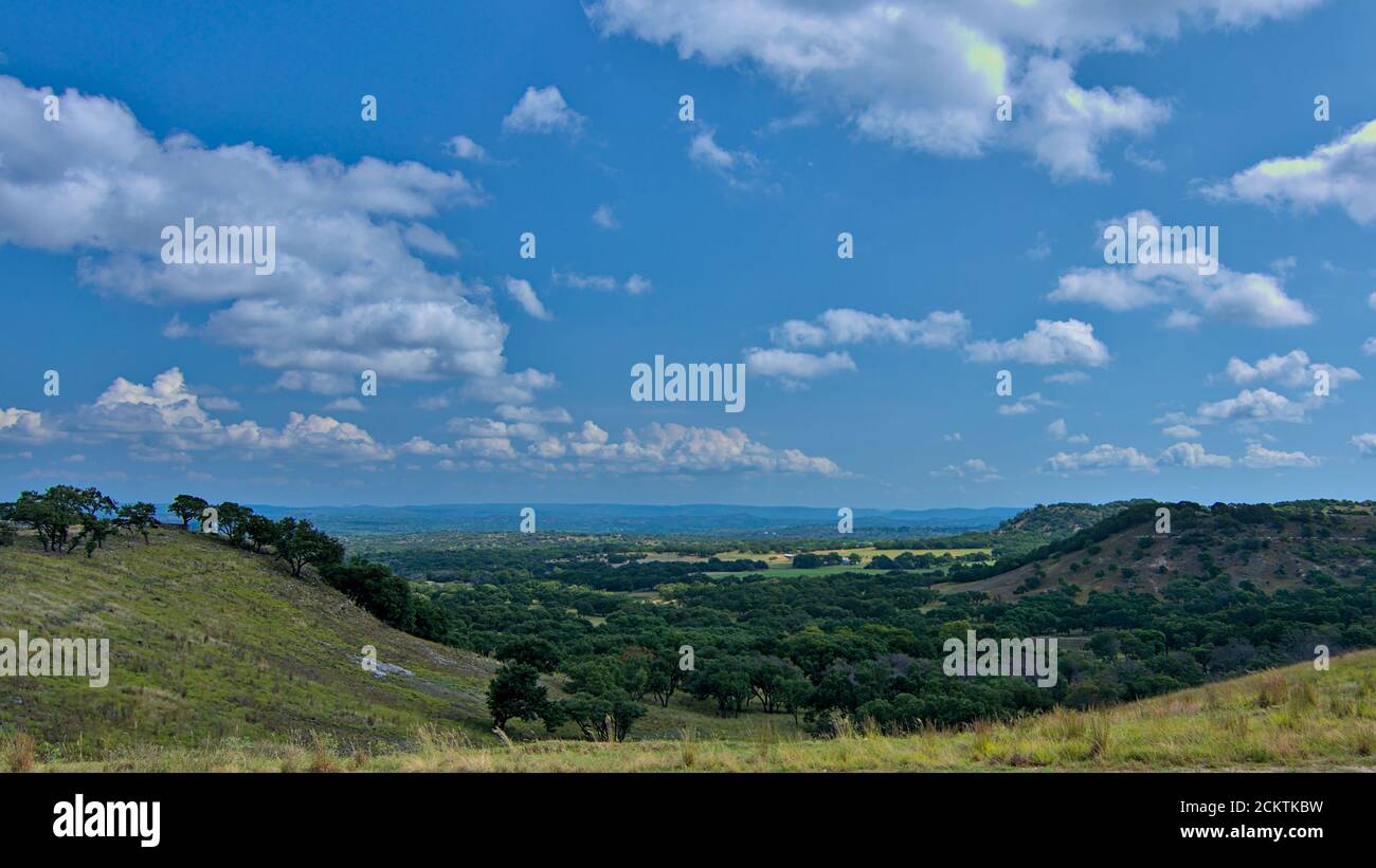 Collines ondoyantes région viticole du Texas central avec des prairies verdoyantes et des forêts avec des nuages blancs boursouflés dans un ciel bleu le jour chaud d'été. Banque D'Images