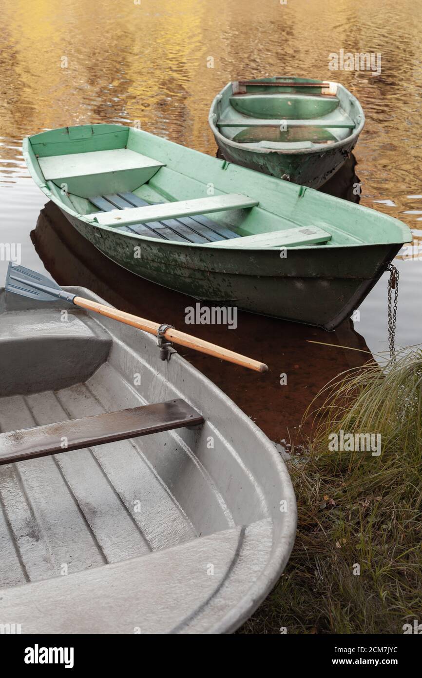Trois barques sont sur la côte d'un lac fixe, photo verticale Banque D'Images