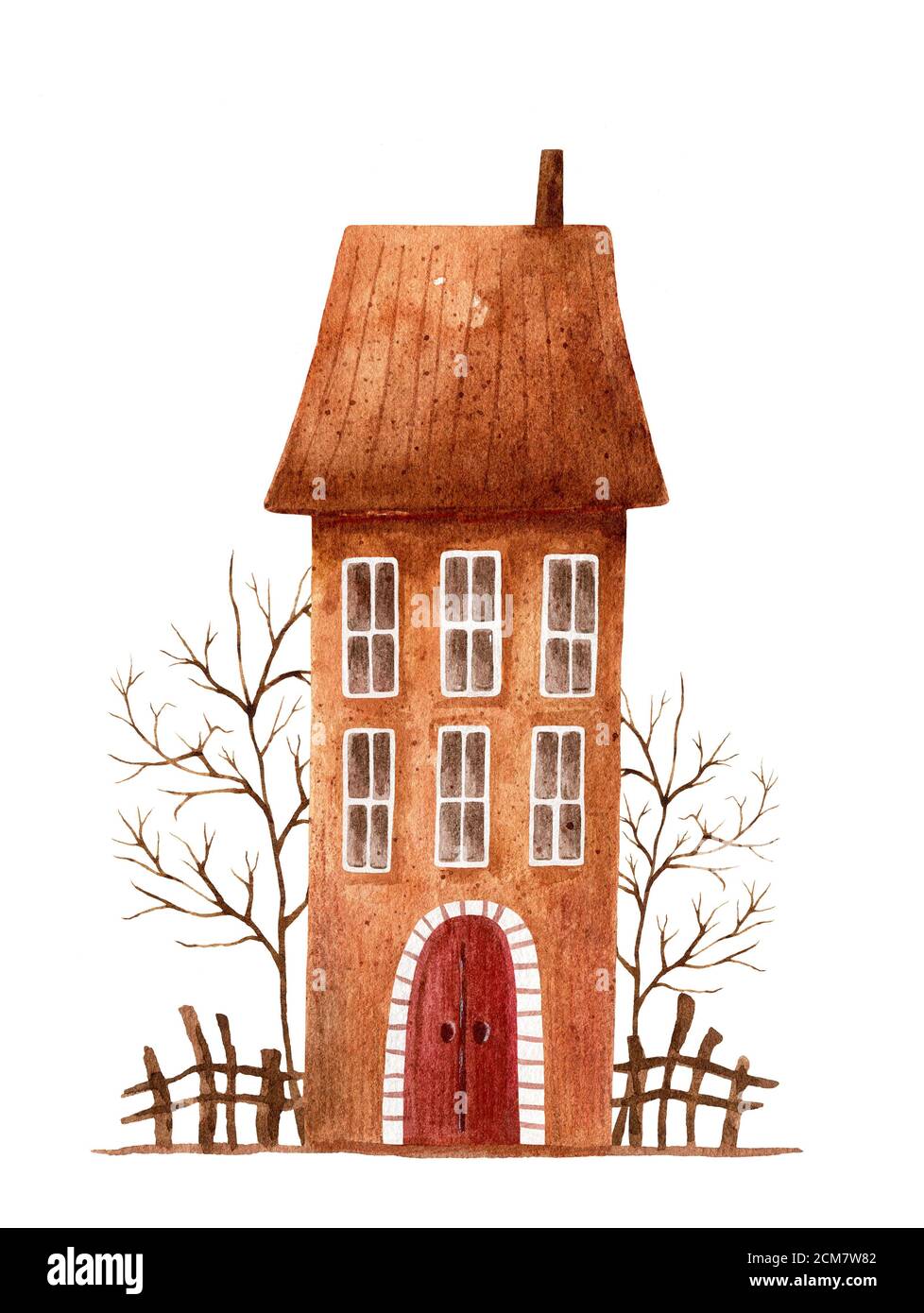 Automne aquarelle illustration de la maison brune avec arbres et clôture. Bâtiment stylisé dessiné à la main, isolé sur fond blanc. Banque D'Images