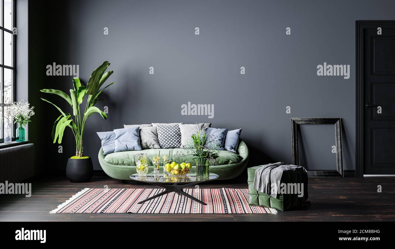 Décoration intérieure moderne, dans une chambre spacieuse, à côté d'une table avec des fleurs contre un mur gris. Cette chambre lumineuse et spacieuse dispose d''un canapé confortable, de plantes et d''un Banque D'Images