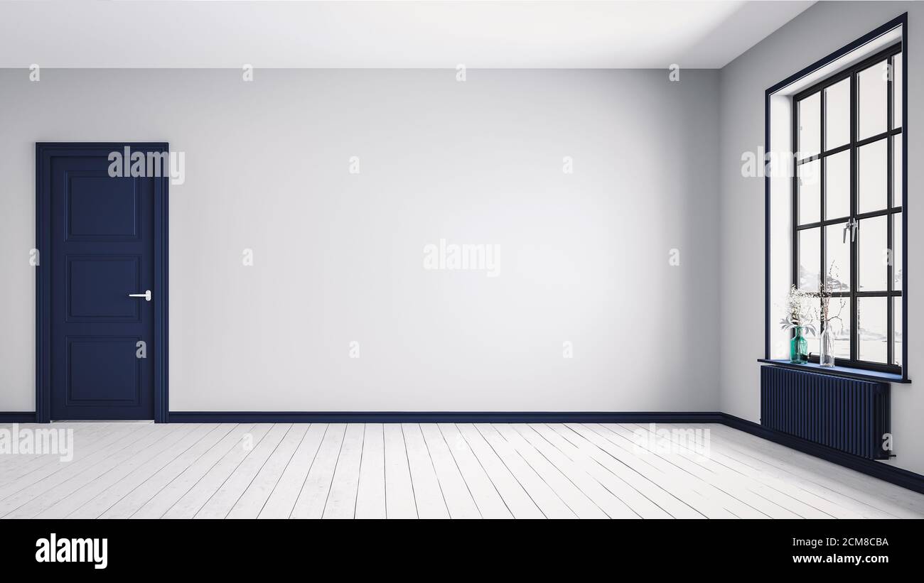 Chambre classique vide intérieur dans un style minimaliste, la chambre a du parquet, il y a une fenêtre et une porte Banque D'Images