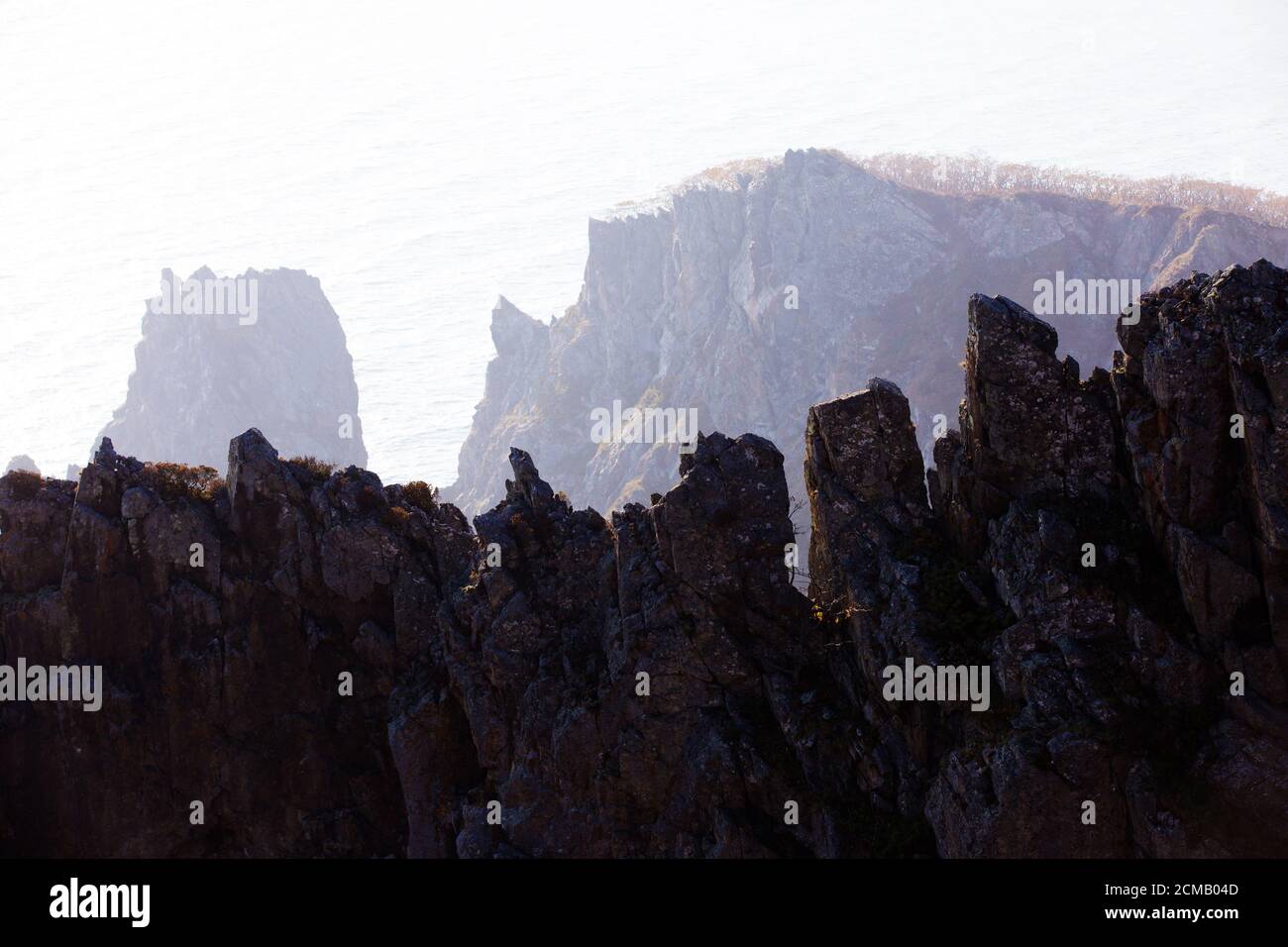 Réserve de biosphère de Sikhote-Alin dans le territoire de Primorsky. Rochers pittoresques contre la mer bleue. Banque D'Images