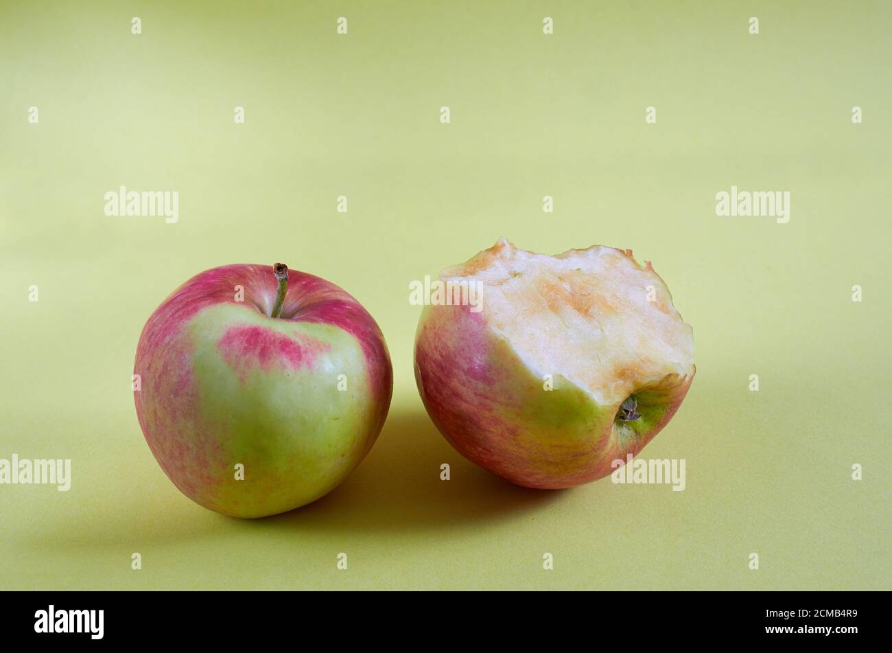 Une pomme entière et une pomme mordue se trouvent sur un fond coloré. Gros plan Banque D'Images