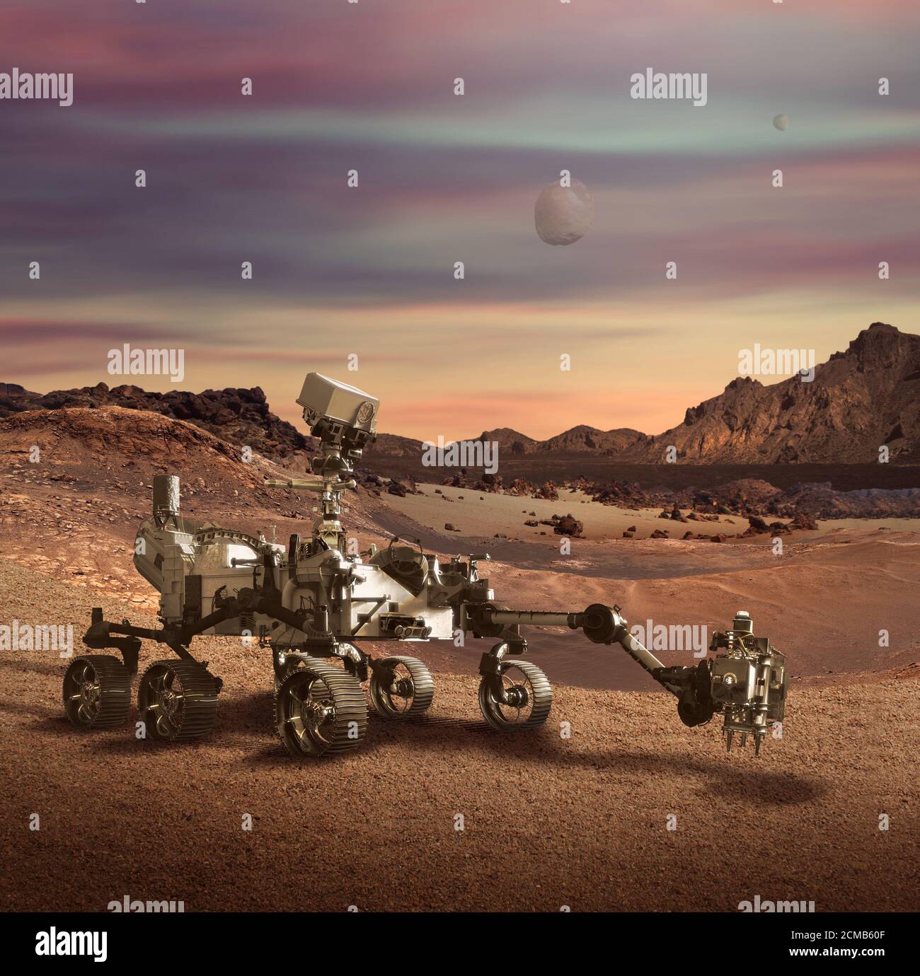 Illustration de la persévérance rover explorant le paysage rocheux de la planète Mars. Quelques éléments fournis par la NASA. Banque D'Images