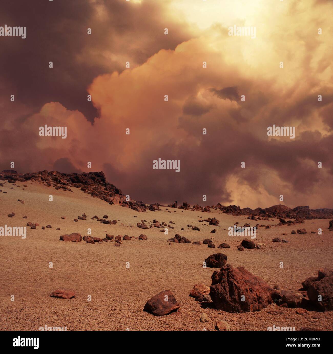 Illustration d'une vaste tempête de poussière s'approchant sur le paysage rocheux de la planète Mars. Banque D'Images