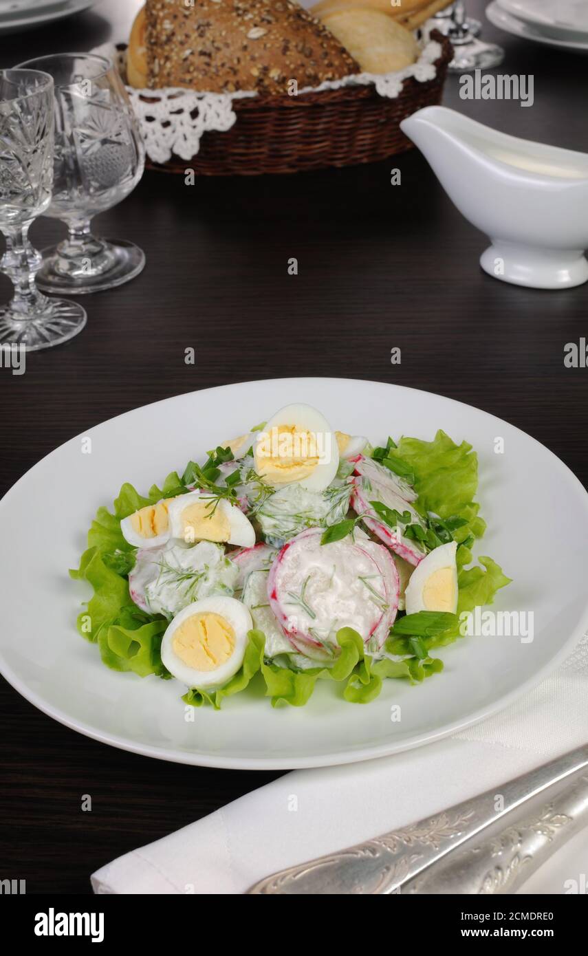 Salade de radis avec concombre et œufs pour la sauce au lait Banque D'Images